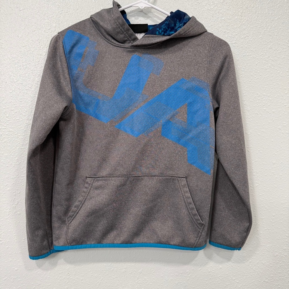 Under Armour Youth Boys ColdGear Hoodie Gray Blue Logo Size YLG